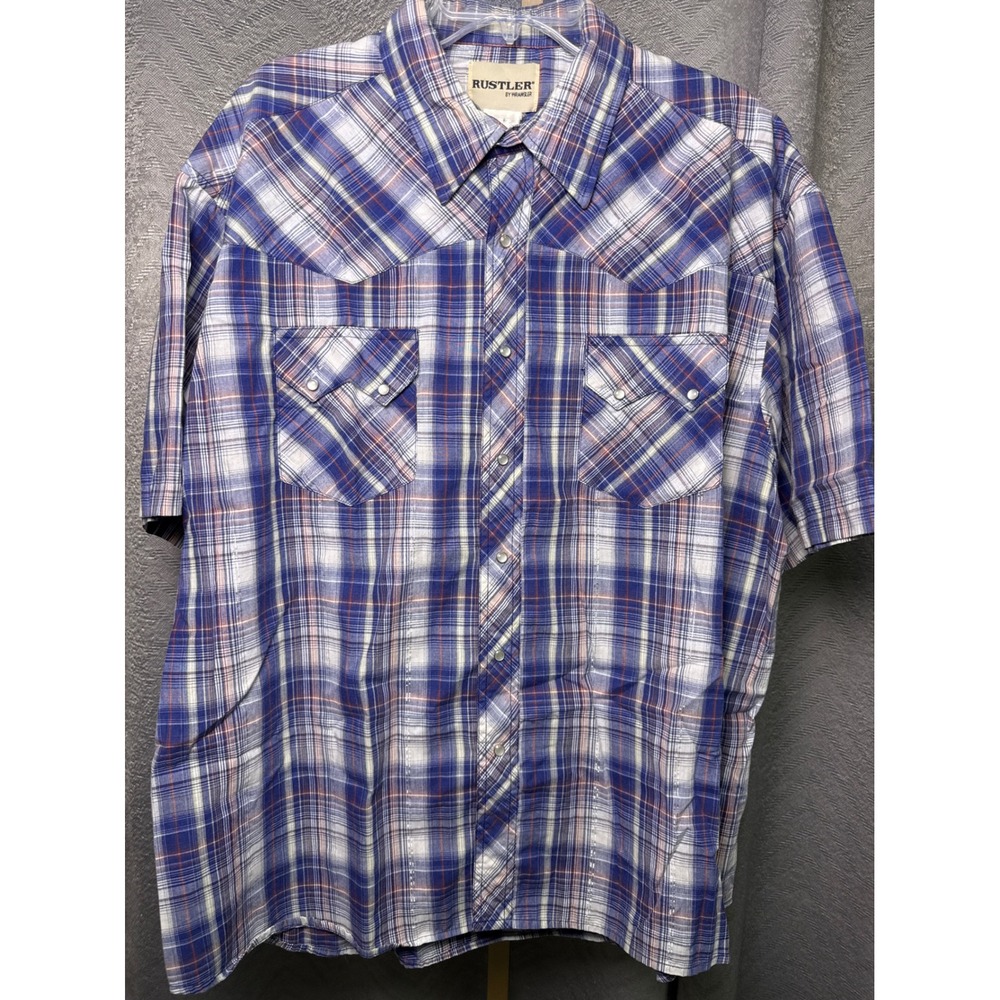 Rustler 2XL Navy‎ Metallic Plaid Western Shirt Short Sleeve Pearl Snap
